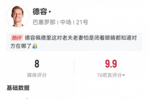 还是稳！德容数据：替补45分钟2关键传球1助攻，传球成功率98.5%