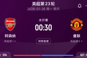 机会又来了！曼联本轮若取胜即可确保进前四，但对手是阿森纳