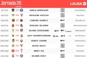 西甲26轮时间:2月28日23:15巴萨vs黄潜,3月3日4点皇马vs赫塔费