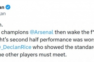 摩根社媒：阿森纳若想夺冠就赶紧醒醒，球员必须都有赖斯的拼劲