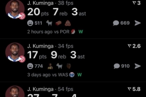 库明加出战三场比赛合砍64+23+10！帮助老鹰取得三连胜