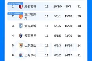 中超积分榜：蓉城11分领跑 海牛升至第7 海港距降级区3分